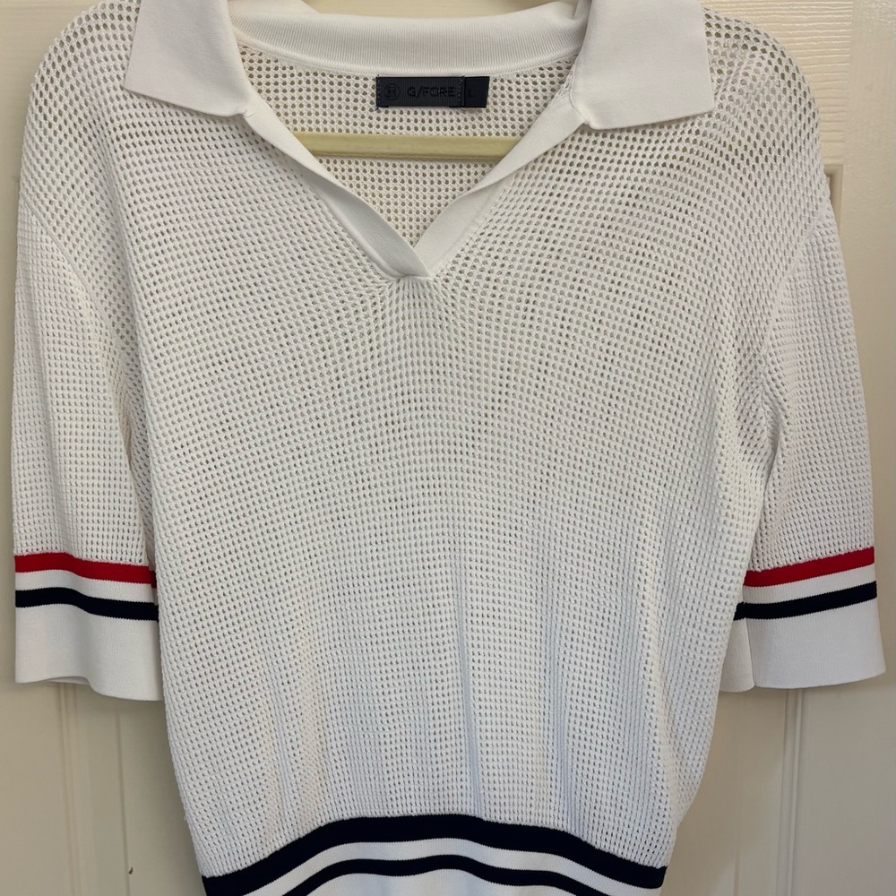 G/FORE White Mesh Short Sleeve Top with Red and Black Accents